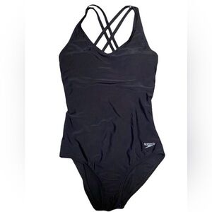 New Speedo One Piece Swimsuit Solid Black Double Strap Criss Cross Swimwear Sz L
